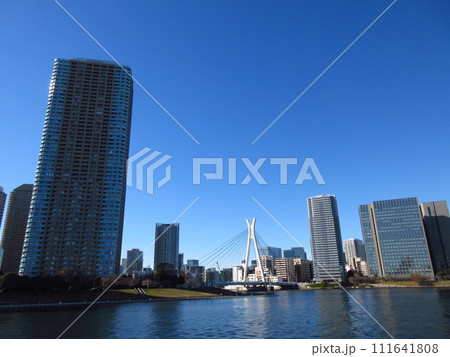 隅田川に架かる「中央大橋」と東京都中央区の風景 111641808
