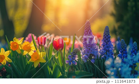 AI-generated content. Spring flowers in sunny day in nature, Hyacinths, Crocuses, Daffodils, tulips, Colorful natural spring background AI-generated content. Spring flowers in sunny day in nature, Hyacinths, Crocuses, Daffodils, tulips, Colorful natural spring background 111641873
