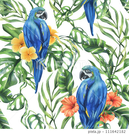 Tropical palm leaves, monstera and flowers of plumeria, hibiscus, bright juicy with blue-yellow macaw parrot. Hand drawn watercolor botanical illustration. Seamless pattern on the white background 111642182