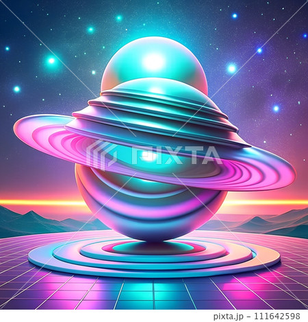 AI-generated content. 3d holographic Saturn planet in y2k futuristic style on 80s retro futuristic background. Render 3d cyber chrome galaxy ball with ring. 3d y2k illustration 111642598