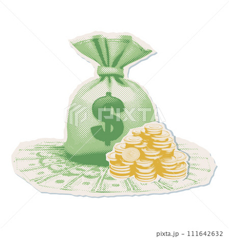 Large bag of American dollars with golden coins pile. Pop halftone collage torn sticker vector illustration isolated 111642632