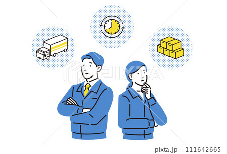 2024年問題について考える作業服の男女 2024年問題について考える作業服の男女 111642665