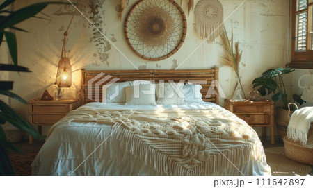 A wicker dreamcatcher hangs over a wooden bed with a white crocheted bedspread in boho style 111642897