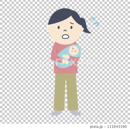Illustration of a housewife anxious while holding a baby 111643390