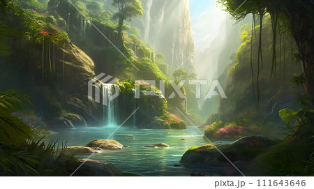 美しい熱帯の滝と静かな川 No.025 AI生成画像 美しい熱帯の滝と静かな川 No.025 AI生成画像 111643646