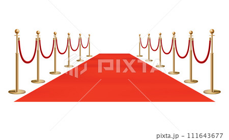 Red carpet golden barriers. Exclusive event. Red carpet with stairs red ropes and golden stanchions. Movie premiere, gala, ceremony, award concept 111643677
