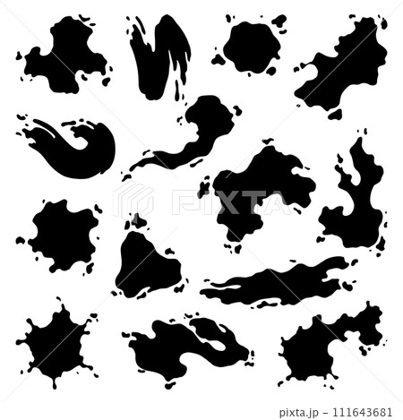Paint blots. Creative isolated paint brush strokes or spots. Ink smudge abstract shape stains set with texture. Grunge design elements. Collection of different drops 111643681