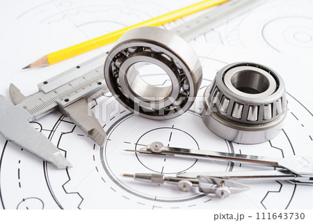 Engineering and precision tools with metal ball bering, mechanical industrial. 111643730