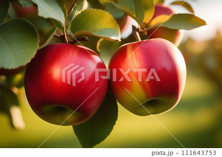Two Red Apples Hanging From a Tree Branch Two Red Apples Hanging From a Tree Branch 111643753