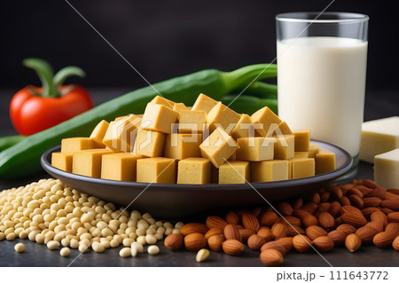 Plate of Tofu Next to Glass of Milk 111643772