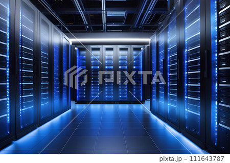 Rows of Servers in a Data Center With Blue Lights Rows of Servers in a Data Center With Blue Lights 111643787