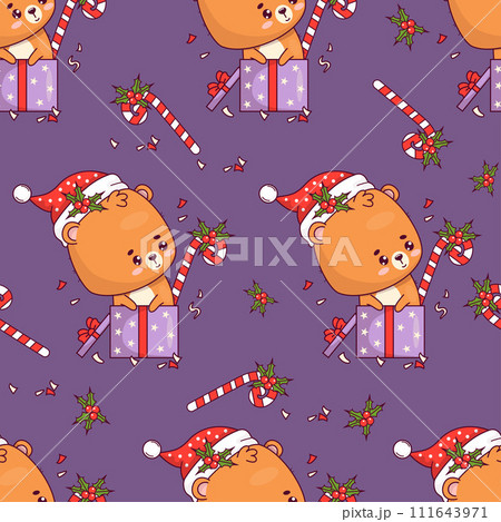 Seamless pattern with Christmas little bear cub wearing Santa hat in gift box with striped caramel stick on purple background. Funny Xmas kawaii animal character. Vector illustration. Kids collection. 111643971