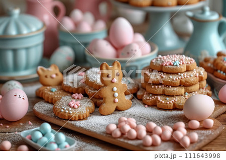 Cookies Crowned with Frosting, Side by Side with Spring's Speckled Eggs, Nibbles of Easter 111643998