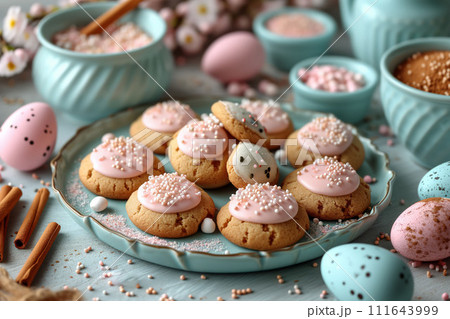 Cookies Crowned with Frosting, Side by Side with Spring's Speckled Eggs, Nibbles of Easter 111643999