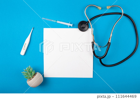 Mocup medicine on a blue background. phonendoscope, medical supplies. flat lay empty white space for text. Advertising, design, post. Green artificial plant succulent Mocup medicine on a blue background. phonendoscope, medical supplies. flat lay empty white space for text. Advertising, design, post. Green artificial plant succulent 111644469