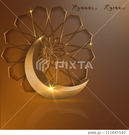 Ramadan Kareem banner, 3D gold crescent moon, holiday greeting traditional islamic. Arabic design for product showcase, presentation, cosmetic, base, ramadan sales, copy space on beige background 111645592