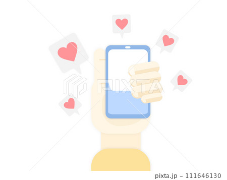 Hand holding a smartphone with social media love icons. Vector flat illustration. Hand holding a smartphone with social media love icons. Vector flat illustration. 111646130
