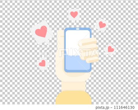 Hand holding a smartphone with social media love icons. Vector flat illustration. Hand holding a smartphone with social media love icons. Vector flat illustration. 111646130