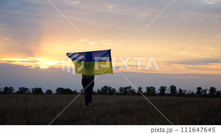 Ukrainian woman going with raised flag of Ukraine above head on wheat field against background of beautiful sunset. Lady walking with national banner as a symbol of victory against russian aggression. 111647645