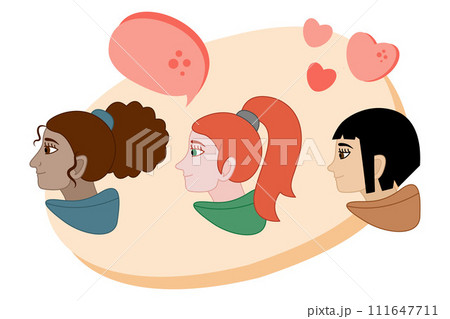 Horizontal card with three girls of different races and speech bubble. Color vector illustration. 111647711
