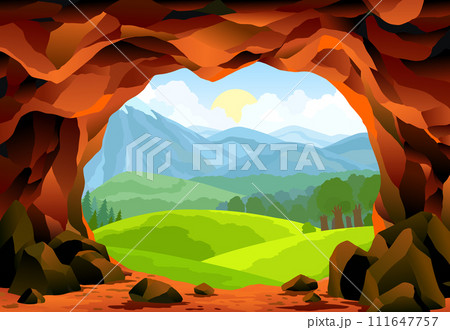 Cave landscape. Summer nature scene of cave entrance. Prehistoric dungeon, rock cavern game illustration. Vector illustration of tunnel in mountain or mine in rocks Cave landscape. Summer nature scene of cave entrance. Prehistoric dungeon, rock cavern game illustration. Vector illustration of tunnel in mountain or mine in rocks 111647757