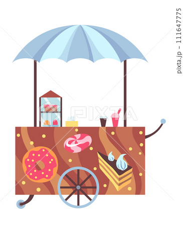 Street fast food stall, truck sale. Mobile food cart. Pizza, hamburger orhot dog fast food street shop. Vector illustration on white 111647775