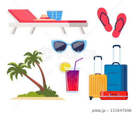 Adventure tourism, travel abroad, summer vacation trip decorative design elements. Set of travel icons. Transport, hotel, baggage, airport. cocktail, palm. Vector illustration. 111647896