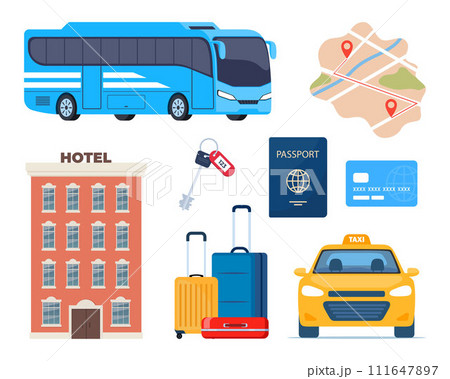 Adventure tourism, travel abroad, summer vacation trip decorative design elements. Set of travel icons. Transport, hotel, baggage, airport. cocktail, palm. Vector illustration. Adventure tourism, travel abroad, summer vacation trip decorative design elements. Set of travel icons. Transport, hotel, baggage, airport. cocktail, palm. Vector illustration. 111647897