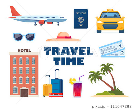 Adventure tourism, travel abroad, summer vacation trip decorative design elements. Set of travel icons. Transport, hotel, baggage, airport. cocktail, palm. Vector illustration. 111647898