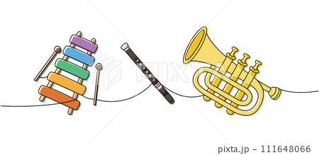 Various musical instruments one line colored continuous drawing. Wooden xylophone, flute, trumpet continuous one line illustration. Various musical instruments one line colored continuous drawing. Wooden xylophone, flute, trumpet continuous one line illustration. 111648066
