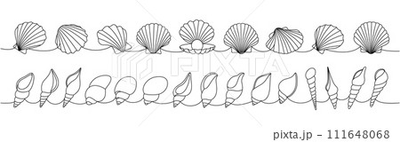 Sea shells set. Sea shells, mollusks, scallop, pearls. Tropical underwater shells continuous one line illustration. Vector minimalist illustration. Sea shells set. Sea shells, mollusks, scallop, pearls. Tropical underwater shells continuous one line illustration. Vector minimalist illustration. 111648068