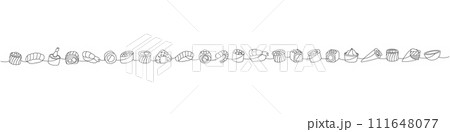 Set of seafood sushi rolls. Japanese cuisine, traditional food one line drawing. Ikura sushi, tobiko maki, onigiri, shrimp nigiri, soy bowl, vasabi Set of seafood sushi rolls. Japanese cuisine, traditional food one line drawing. Ikura sushi, tobiko maki, onigiri, shrimp nigiri, soy bowl, vasabi 111648077