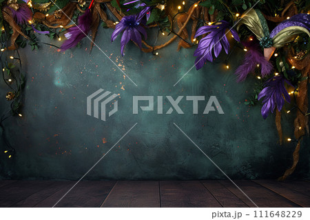 Vibrant Mardi Gras background featuring colorful masks, beads, and festive elements 111648229