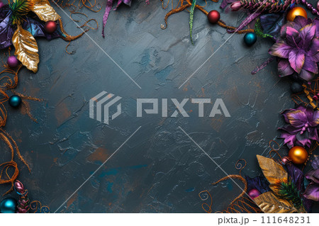Vibrant Mardi Gras background featuring colorful masks, beads, and festive elements, 111648231