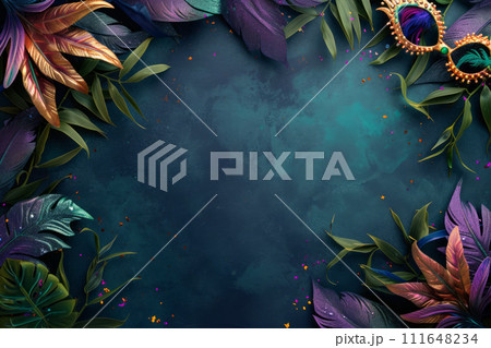 Vibrant Mardi Gras background featuring colorful masks, beads, and festive elements, 111648234