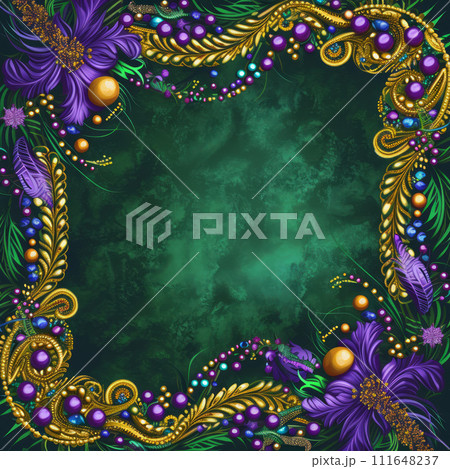 Vibrant Mardi Gras background featuring colorful masks, beads, and festive elements 111648237
