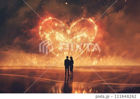 AI-generated content. Silhouette of a couple watching a grand heart-shaped fireworks display, a romantic scene fitting for Valentine's Day events or celebration-themed marketing. 111648262