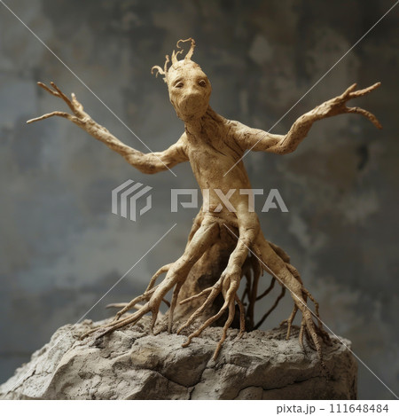 Detailed image of a mandrake root, known for its folklore and medicinal uses 111648484