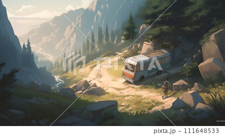 自由と冒険のキャンピングカー：美しい山道のシーン No.020　AI生成画像 111648533