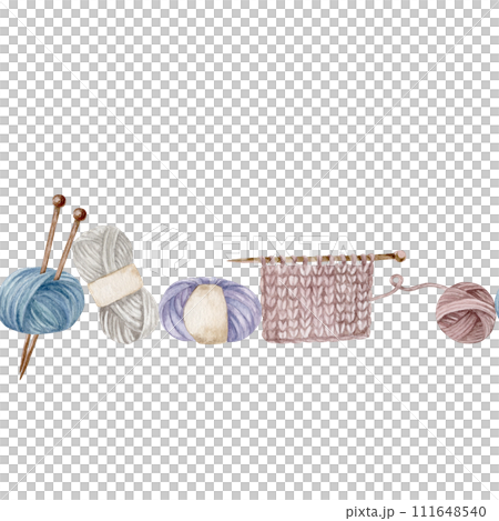border with knitting ball of yarn, single pointed needle, knitting fabric, watercolor illustration, hand draw, banner 111648540