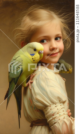 AI-generated content. Portrait of a young girl, gently cradling two parakeet birds on her shoulders AI-generated content. Portrait of a young girl, gently cradling two parakeet birds on her shoulders 111648588