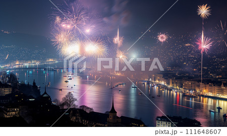 AI-generated content. new year fireworks over Zurich city center with famous Fraumunster and Grossmunster Churches and river Limmat at Lake Zurich, Canton of Zurich, Switzerland 111648607