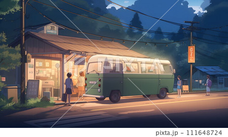 街中に駐車するキャンピングカーのシーン No.037　AI生成画像 111648724