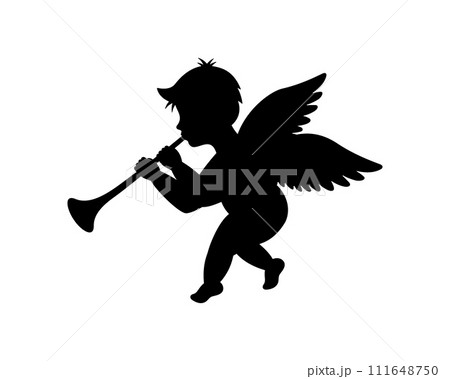 Angel blowing into a tube. Cherub silhouette. Valentine's day. Love symbol. Vector illustration. 111648750