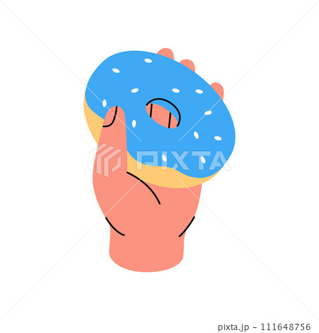 Hand holding delicious doughnut. Bakery sweet pastry food. Vector illustration. Hand holding delicious doughnut. Bakery sweet pastry food. Vector illustration. 111648756