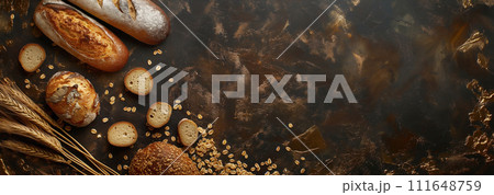 AI-generated content. Bread, wheat ears, oats and other bread products on a dark background 111648759