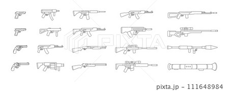 Military weapons silhouettes. Grenade launcher, assault rifle AK 47, tactical assault rifles. Vector illustration. Military weapons silhouettes. Grenade launcher, assault rifle AK 47, tactical assault rifles. Vector illustration. 111648984