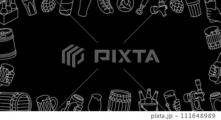 Beer horizontal banner. Wooden barrels, cans, mugs, metal keg, bottle opener, sausages, tap, hop cone. Brewing process, brewery factory production. 111648989