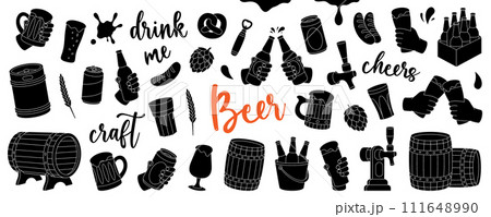 Beer set. Old wooden barrels, cans, glasses, mugs. Brewing process, production beer, brewery factory production. Vector illustration. Beer set. Old wooden barrels, cans, glasses, mugs. Brewing process, production beer, brewery factory production. Vector illustration. 111648990
