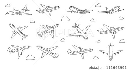 Jet airplane outline set. Air transport. Passenger airplanes. Vector illustration. 111648991